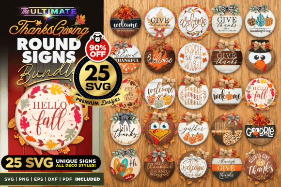 25 Thanksgiving Round Signs SVG Bundle for Graphics and Crafts